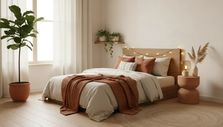 A beautifully styled small bedroom micro-makeover, cozy and aesthetic, warm terracotta and cream color palette, boho minimalist decor, layered bedding, fairy lights, potted plants, soft warm golden lighting, editorial home decor photography, wide landscape format, high resolution, no people, no text