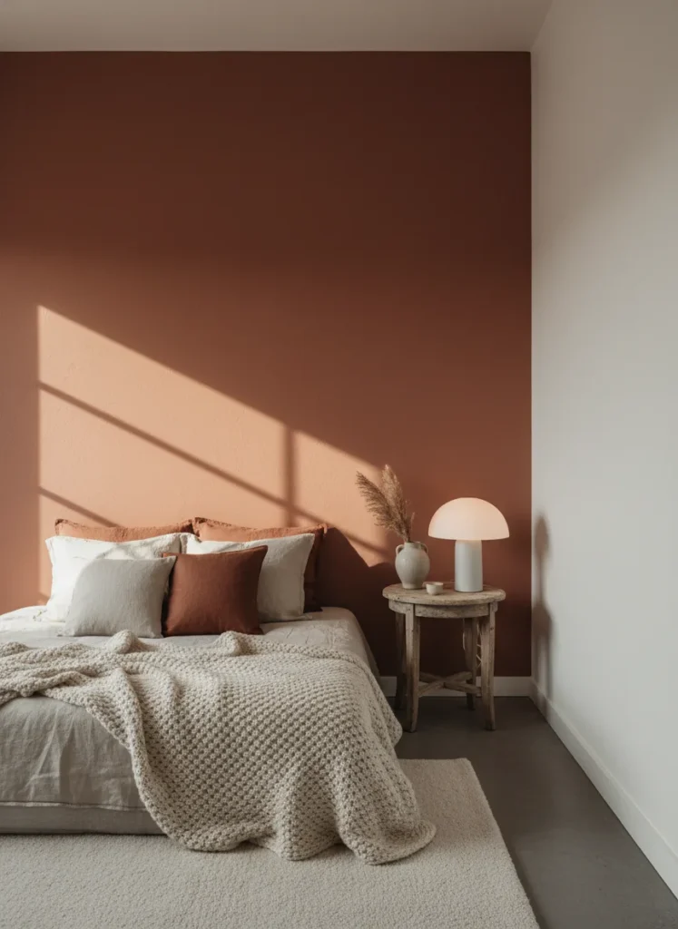 A stunning small bedroom accent wall painted in deep moody terracotta, cozy aesthetic, warm lighting, minimal furniture, editorial home decor photography style, no people, no text