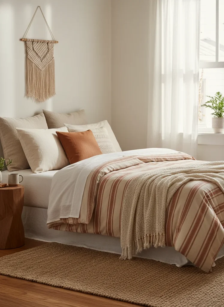 A small bedroom with fresh aesthetic bedding, earthy neutral tones, cream and terracotta duvet cover, layered pillows, soft warm morning light, cozy boho minimal style, editorial photography, no people, no text