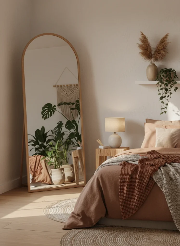 A small aesthetic bedroom with a full length leaning mirror against the wall, boho minimal style, warm lighting, plants reflected in mirror, earthy tones, editorial home decor photography, no people, no text