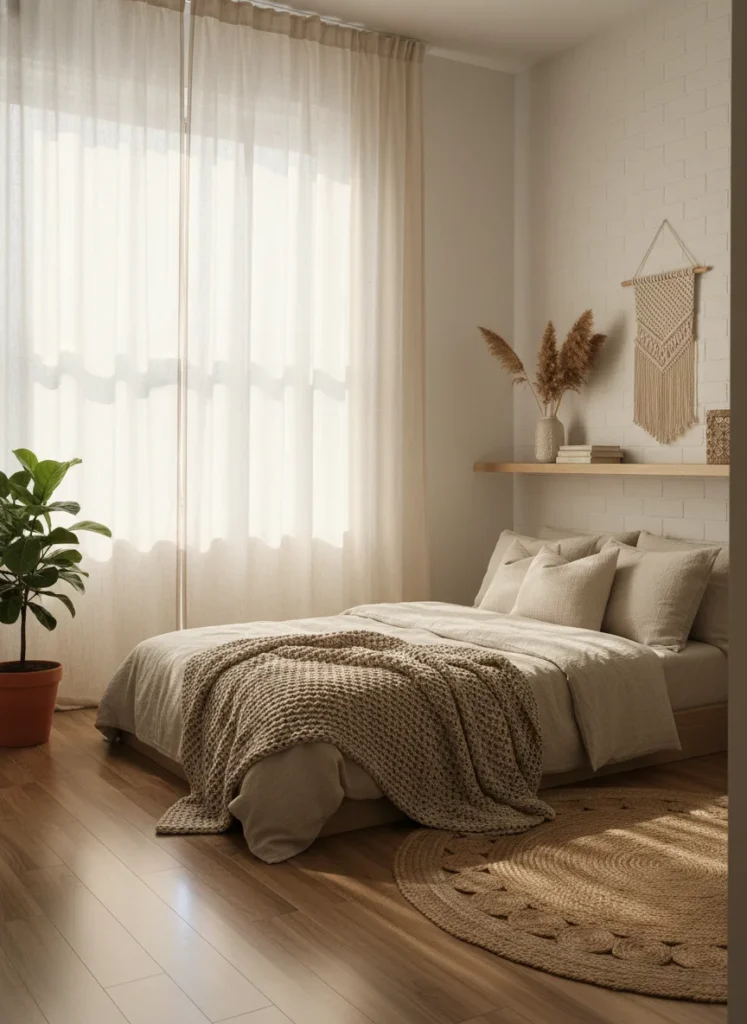 A small cozy bedroom with floor to ceiling curtains hung high above the window, soft linen cream curtains, warm natural light flooding in, boho minimal aesthetic, editorial photography style, no people, no text