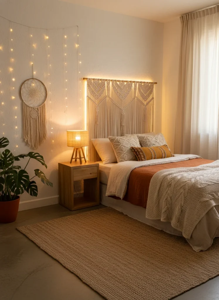 A small bedroom with layered warm lighting, bedside lamp glowing, LED strip lights behind headboard, fairy lights on wall, cozy golden ambiance, boho aesthetic, editorial home photography, no people, no text