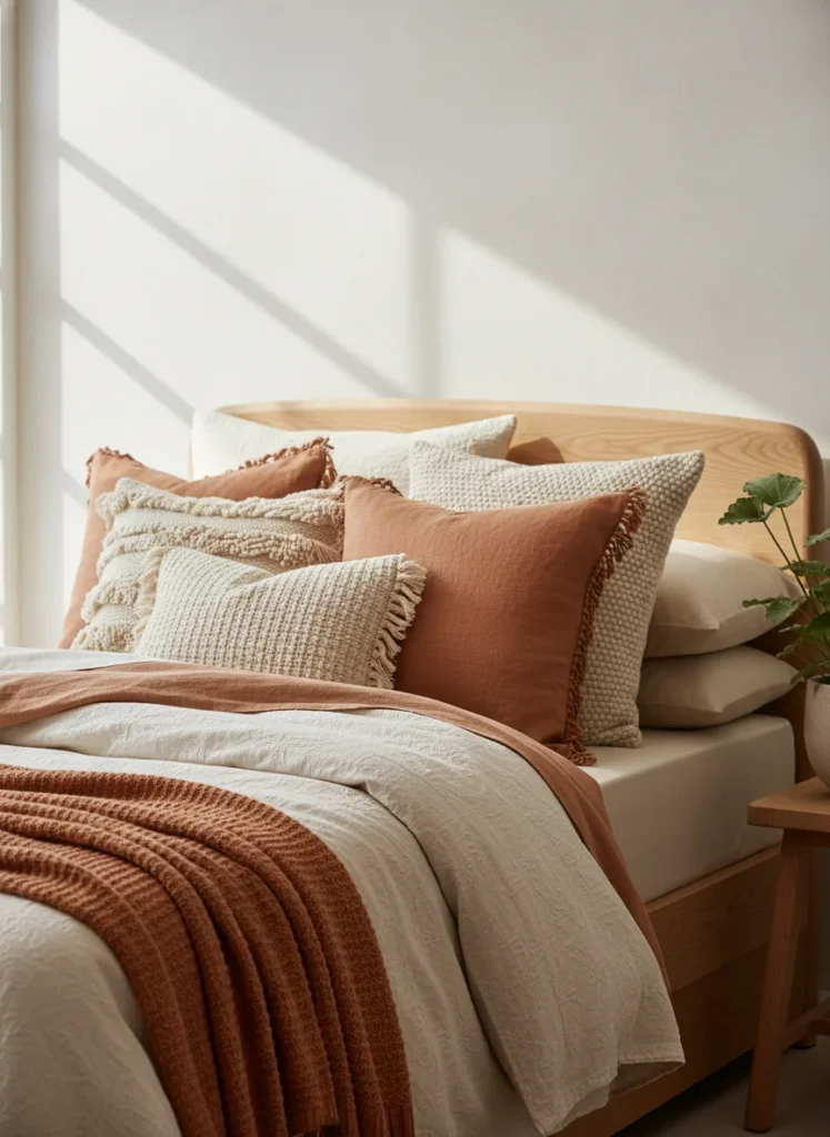 Close up of a beautifully styled small bed with mixed throw pillows, boucle and linen textures, earthy terracotta and cream tones, cozy aesthetic, editorial home decor photography, no people, no text