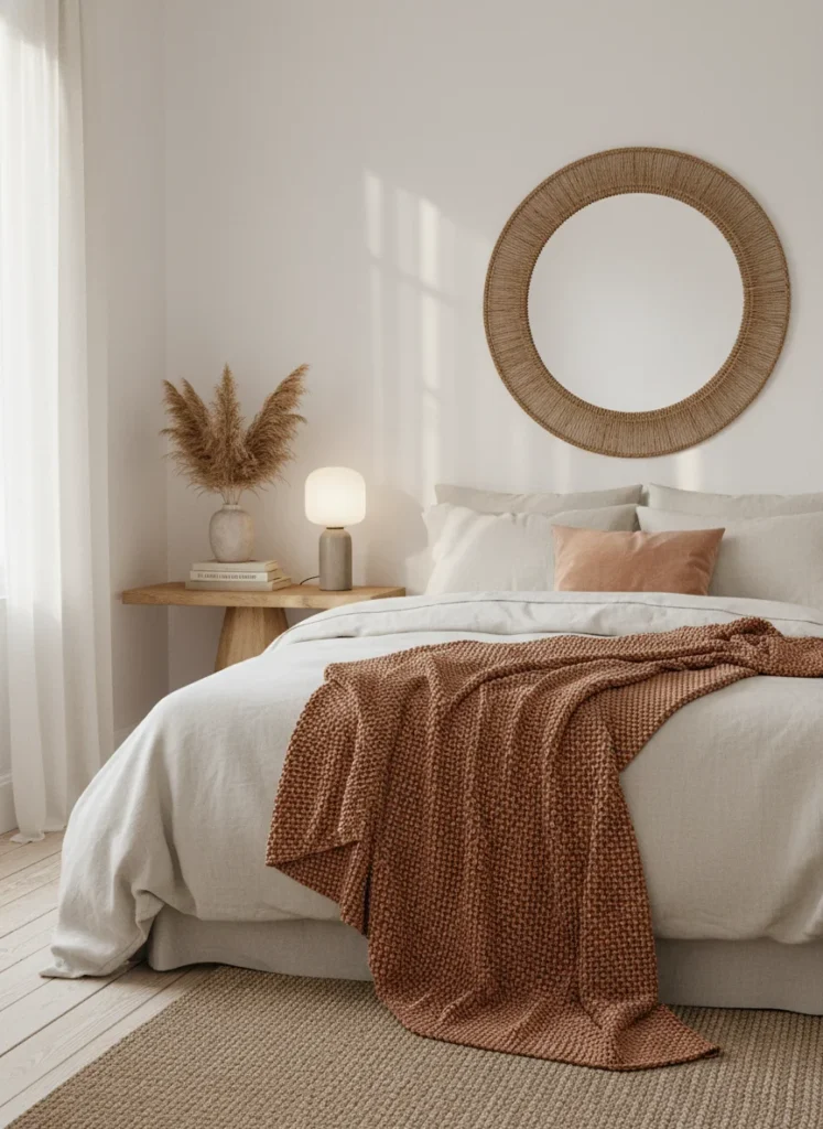 A small cozy bedroom with a chunky knit throw blanket draped over the corner of a bed, warm cream and terracotta tones, soft lighting, aesthetic boho minimal style, editorial photography, no people, no text