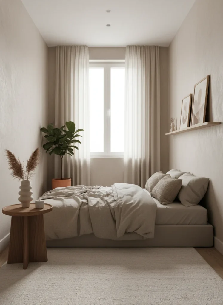 A beautifully minimal small bedroom with clear surfaces, only a few intentional decor pieces, calm and serene aesthetic, warm neutral tones, soft natural lighting, editorial home photography, no people, no text