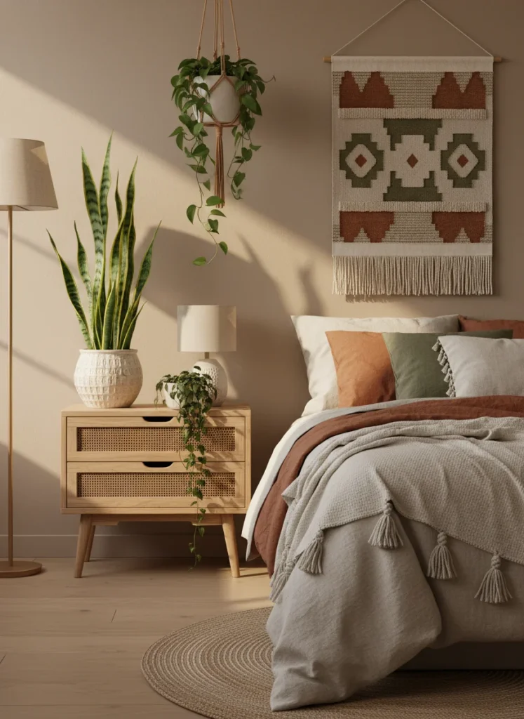 A small aesthetic bedroom corner with a snake plant and a small pothos on a nightstand, warm golden lighting, earthy boho minimal style, editorial home decor photography, no people, no text