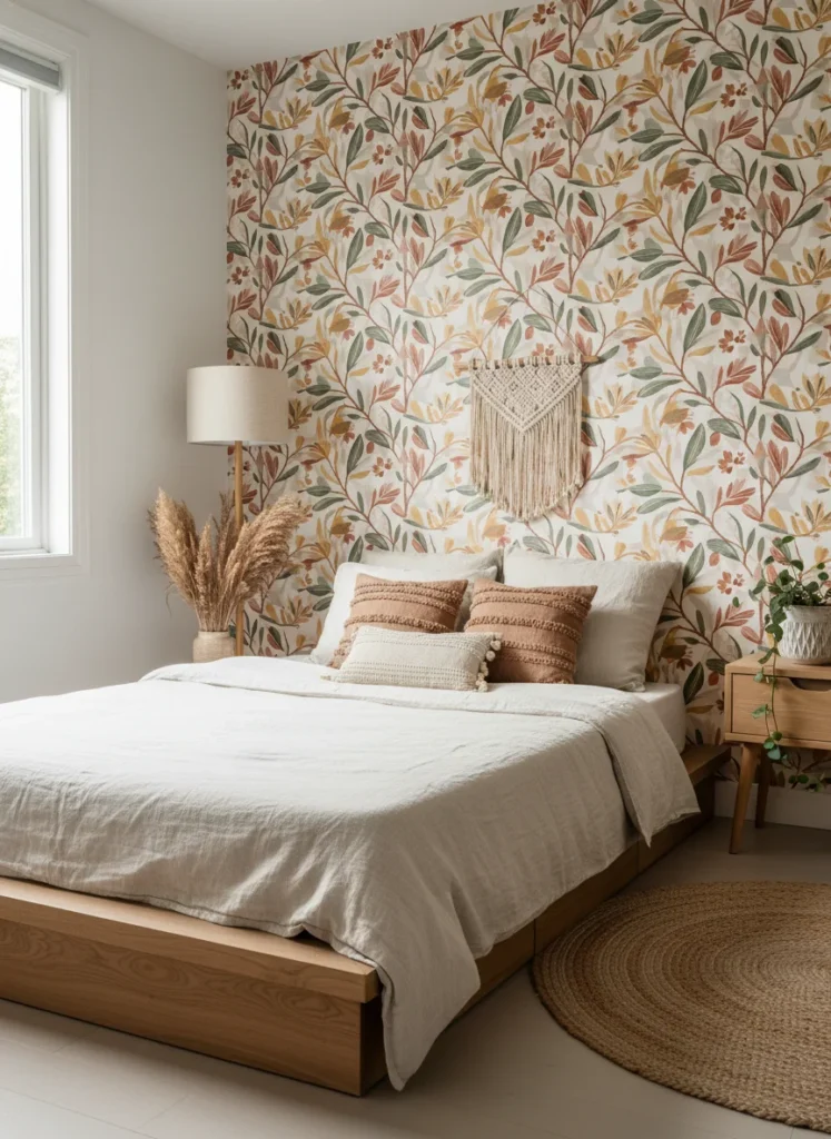 A small bedroom with a beautiful peel and stick wallpaper accent wall, boho botanical pattern, warm earthy tones, minimal furniture, aesthetic and cozy, editorial home photography, no people, no text