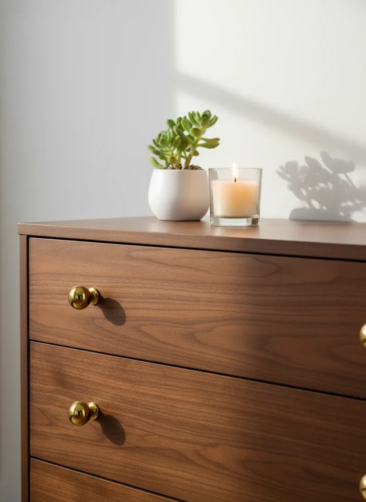 Close up of a wooden dresser with beautiful new gold cabinet knobs, styled with a small plant and candle on top, warm aesthetic lighting, editorial home decor photography, no people, no text