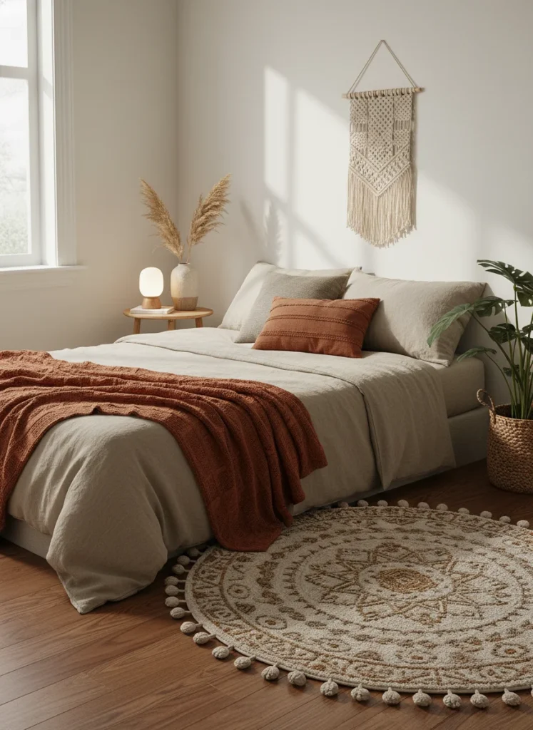 A small cozy bedroom with a beautiful boho area rug beside the bed, warm earthy tones, soft lighting, minimal aesthetic, the rug adding texture and warmth to the space, editorial photography, no people, no text