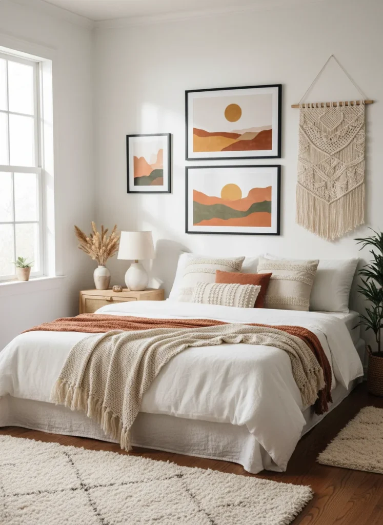 A small bedroom with a beautiful minimal gallery wall of three framed prints above the bed, black frames, warm aesthetic art, soft lighting, boho minimal style, editorial home photography, no people, no text