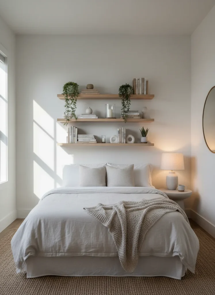 A small bedroom with beautiful floating wall shelves above the bed, styled with books, small plants, candles and minimal decor, warm lighting, editorial home photography, no people, no text