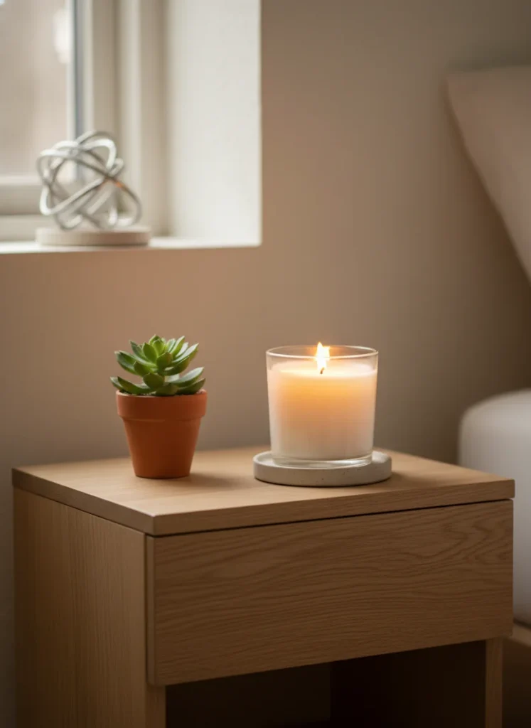 A small bedroom nightstand styled with a lit candle, a small plant, and minimal decor, warm golden candlelight, cozy aesthetic, editorial home photography, no people, no text