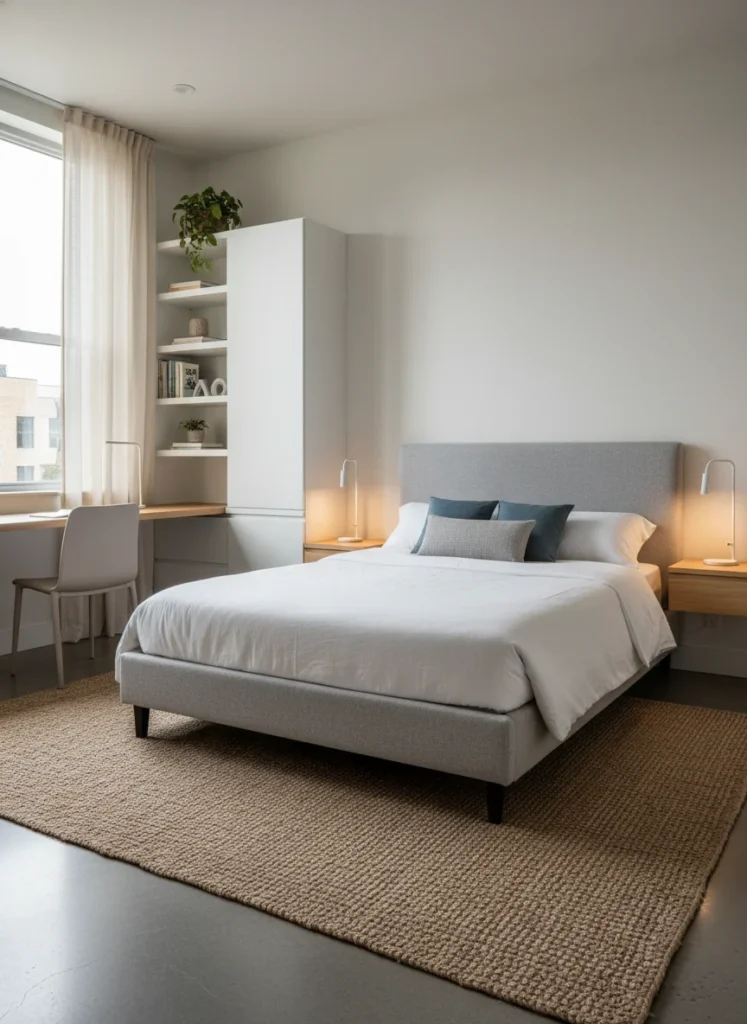 A small bedroom with a smart furniture layout, bed placed against the longest wall, open floor space, minimal clutter, warm aesthetic lighting, editorial home photography, no people, no text