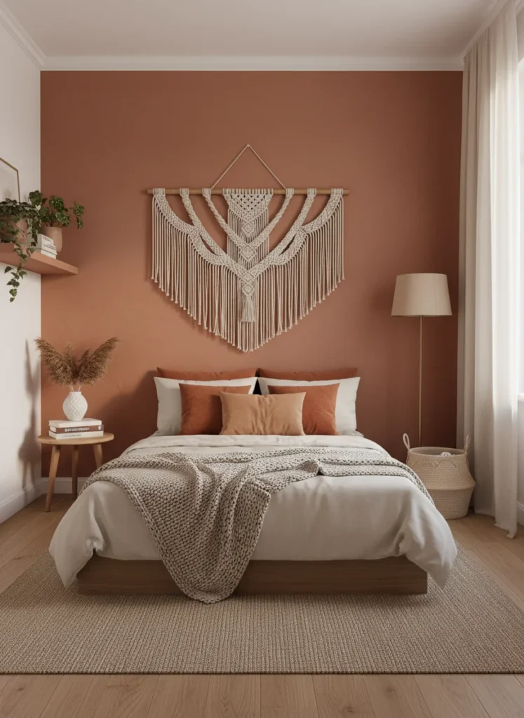 A small boho bedroom with a beautiful macrame wall hanging above the bed, warm cream and terracotta tones, soft lighting, minimal aesthetic furniture, cozy and styled, editorial home photography, no people, no text