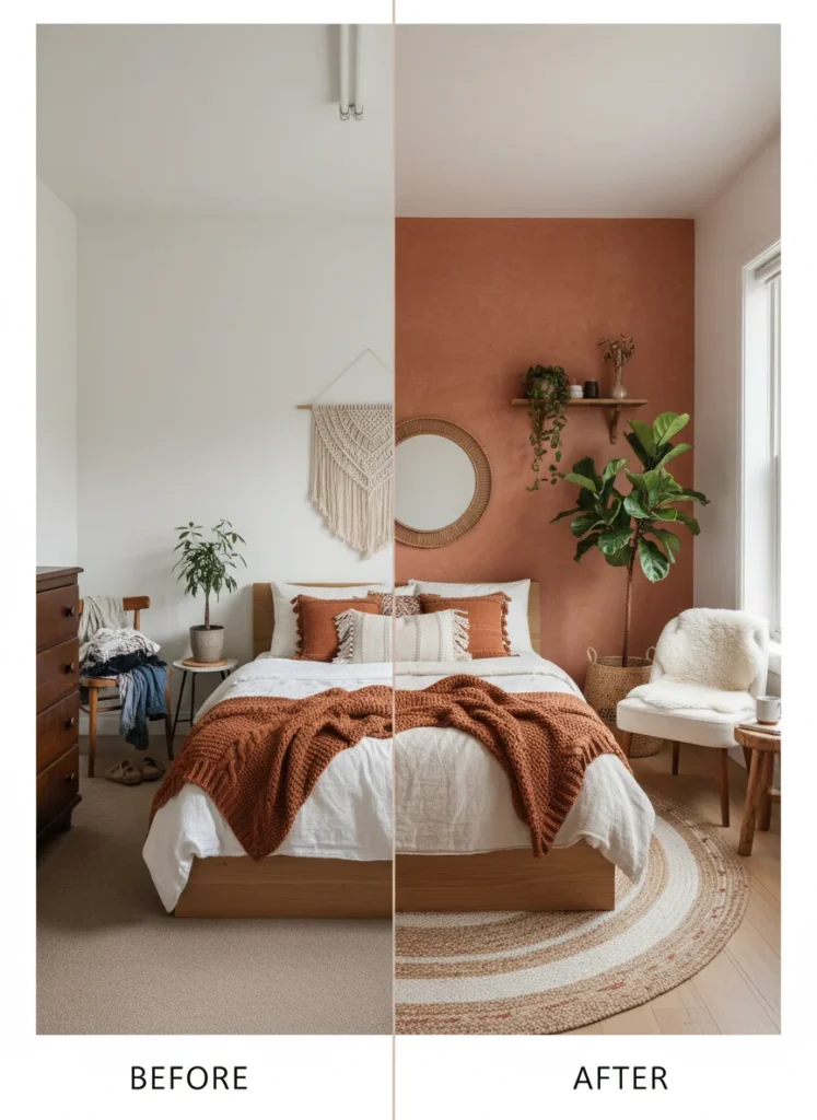 A beautifully completed small bedroom makeover, before and after split, cozy boho minimal aesthetic, warm terracotta and cream tones, soft lighting, plants, layered bedding, editorial photography, no people, no text