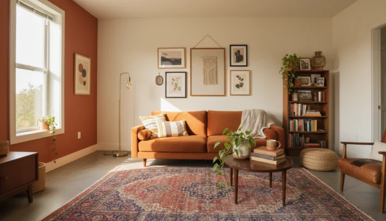 A beautifully personal and unique small apartment living room, eclectic and intentional decor, mix of boho and vintage elements, warm terracotta and earthy tones, personal touches like books, plants and art, warm golden lighting, editorial home photography, wide landscape, no people, no text