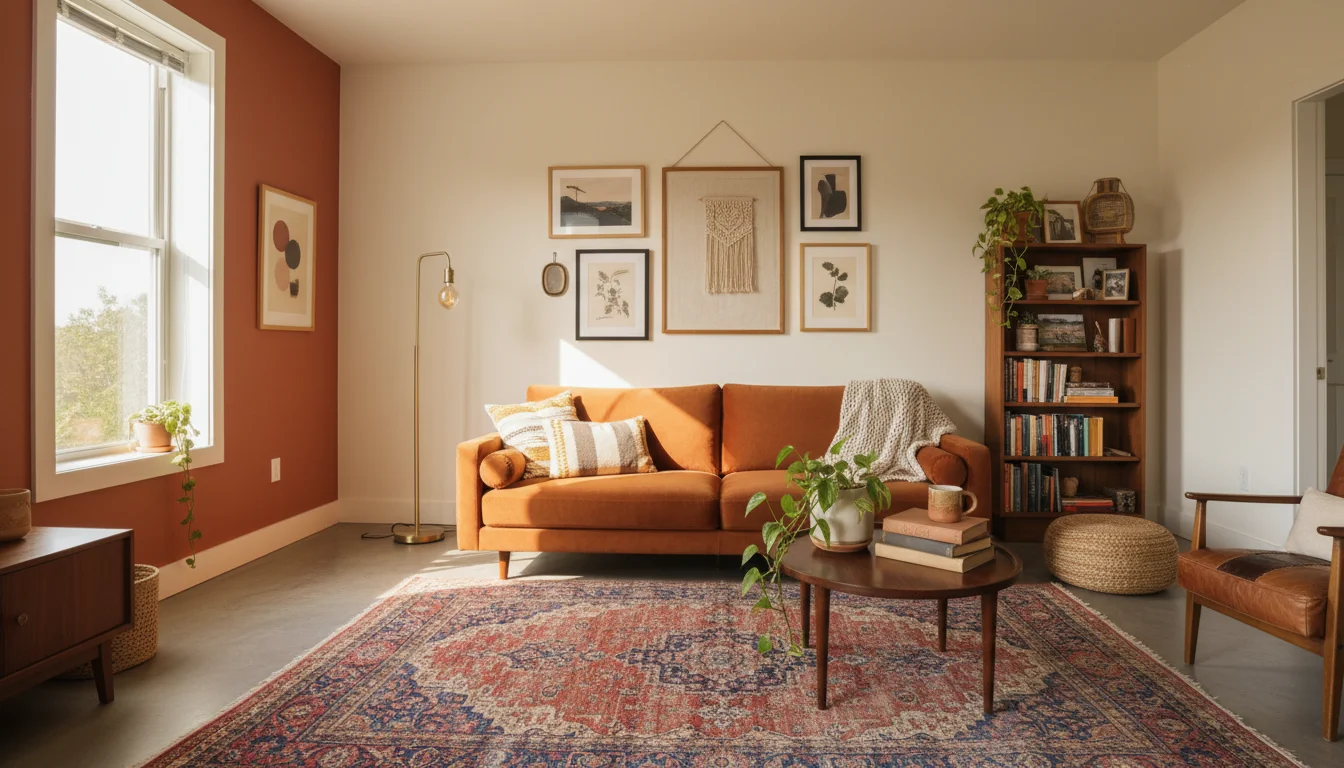 A beautifully personal and unique small apartment living room, eclectic and intentional decor, mix of boho and vintage elements, warm terracotta and earthy tones, personal touches like books, plants and art, warm golden lighting, editorial home photography, wide landscape, no people, no text