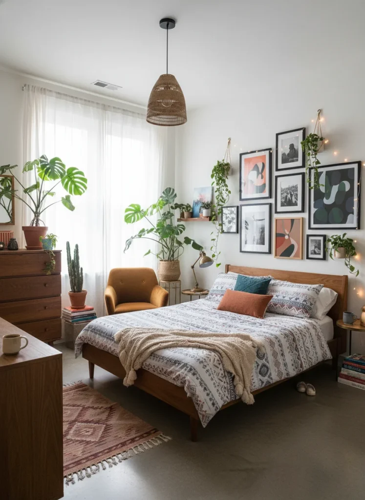 A personal small bedroom with mix of different decor styles, gallery wall, plants, warm lighting, eclectic and intentional aesthetic, editorial photography, no people, no text