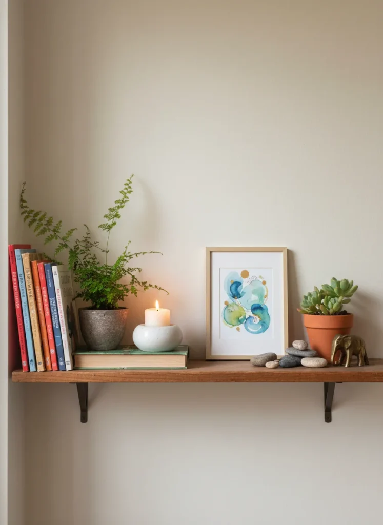 Close up of a personal styled shelf in a small apartment, books, plants, candle, small art print, eclectic and warm, editorial home photography, no people, no text