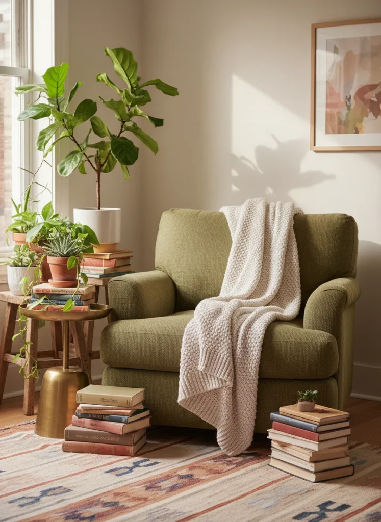 A small living room corner decorated exactly as the owner wants, cozy and personal, warm lighting, plants, throw blanket, books, editorial photography, no people, no text