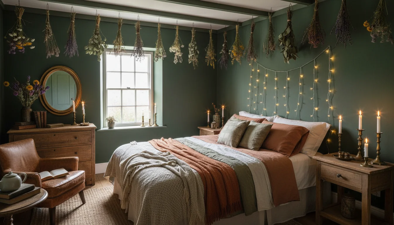 A small dark cottagecore bedroom, deep forest green walls, dried flower bundles hanging, vintage candleholders, layered earthy bedding, fairy lights, warm moody atmospheric lighting, editorial home photography, wide landscape, no people, no text