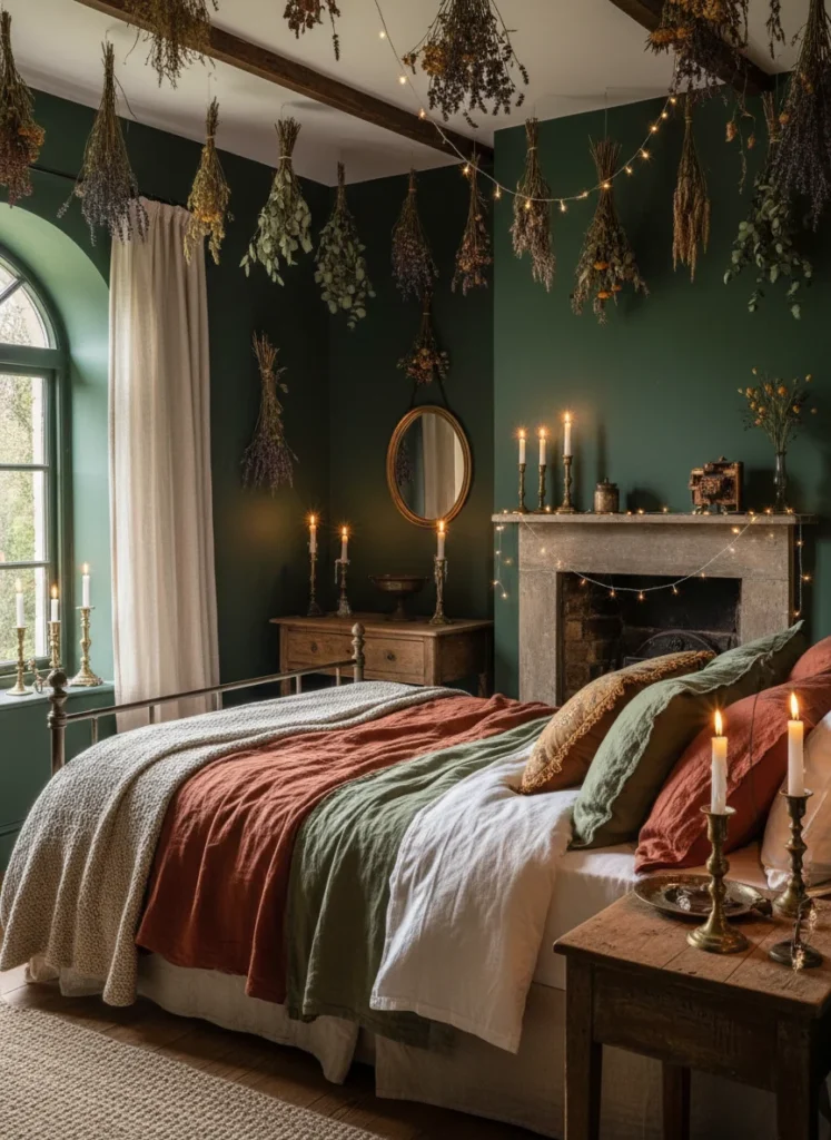 A small dark cottagecore bedroom, deep forest green walls, dried flower bundles hanging, vintage candleholders, layered earthy bedding, fairy lights, warm moody atmospheric lighting, editorial home photography, wide landscape, no people, no text