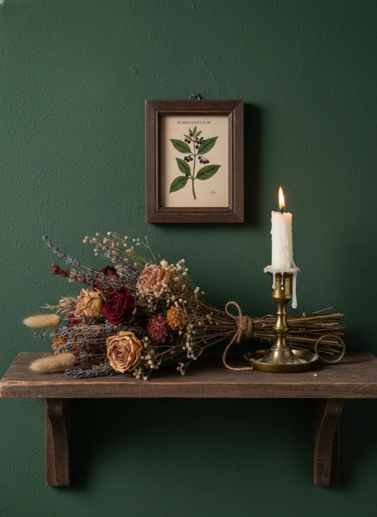 Close up of a dark cottagecore bedroom shelf, dried flowers, vintage candle holder, small dark botanical print, moody warm lighting, editorial photography, no people, no text