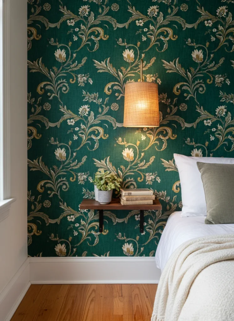 A small bedroom wall with dark green peel and stick wallpaper, botanical pattern, moody cozy aesthetic, warm lamp light, editorial home photography, no people, no text