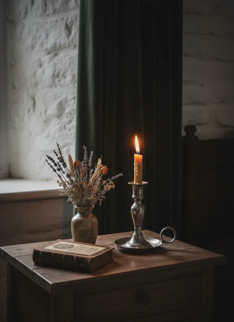 A dark cottagecore bedroom nightstand, vintage candle holder, dried flowers in small vase, old book, warm candlelight, editorial photography, no people, no text