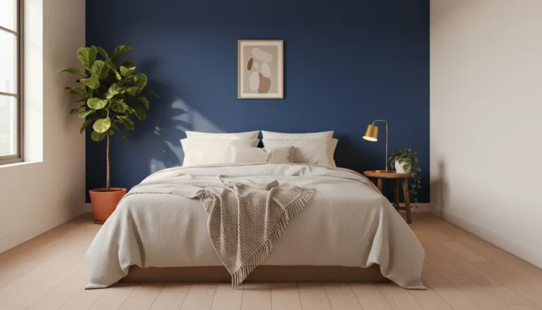 A stunning small bedroom with a bold moody blue accent wall, warm minimal aesthetic, layered bedding in cream and white, plants, warm golden lighting, editorial home photography, wide landscape, no people, no text