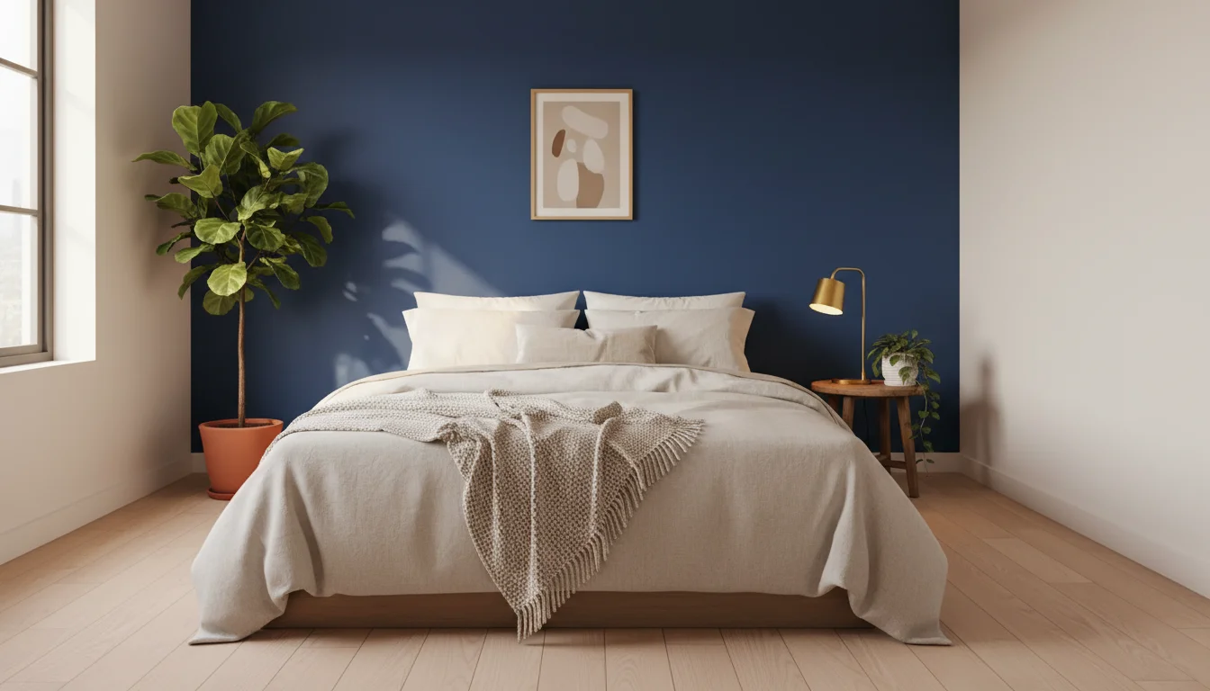 A stunning small bedroom with a bold moody blue accent wall, warm minimal aesthetic, layered bedding in cream and white, plants, warm golden lighting, editorial home photography, wide landscape, no people, no text
