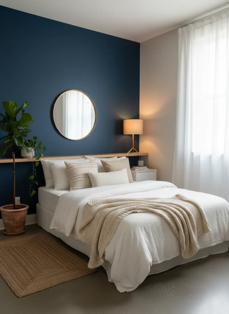  A stunning small bedroom with a bold moody blue accent wall, warm minimal aesthetic, layered bedding in cream and white, plants, warm golden lighting, editorial home photography, wide landscape, no people, no text