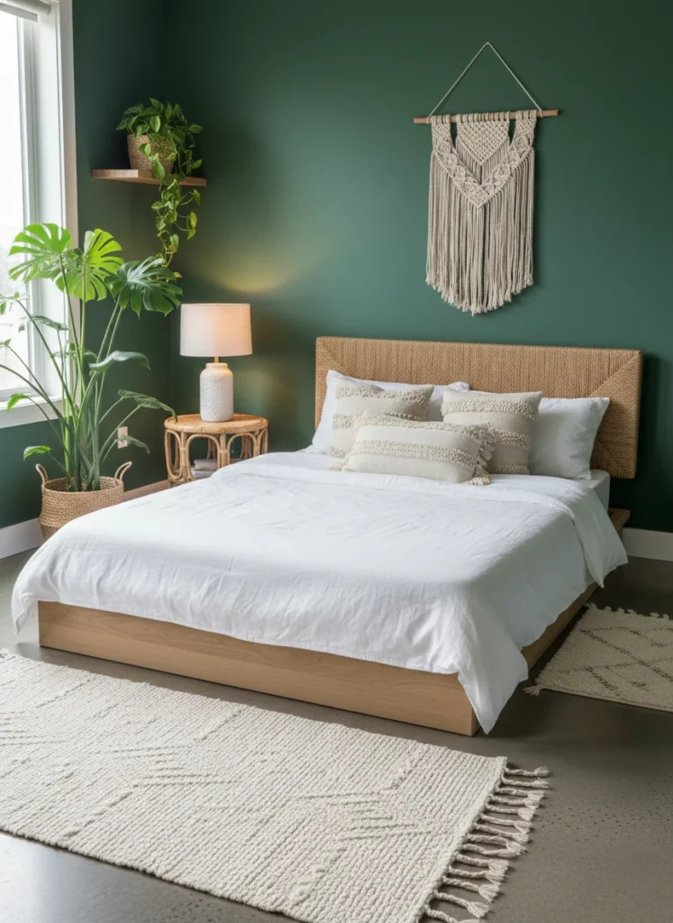 A small bedroom with jade green painted walls, minimal boho furniture, white bedding, plants, soft warm lighting, editorial photography, no people, no text