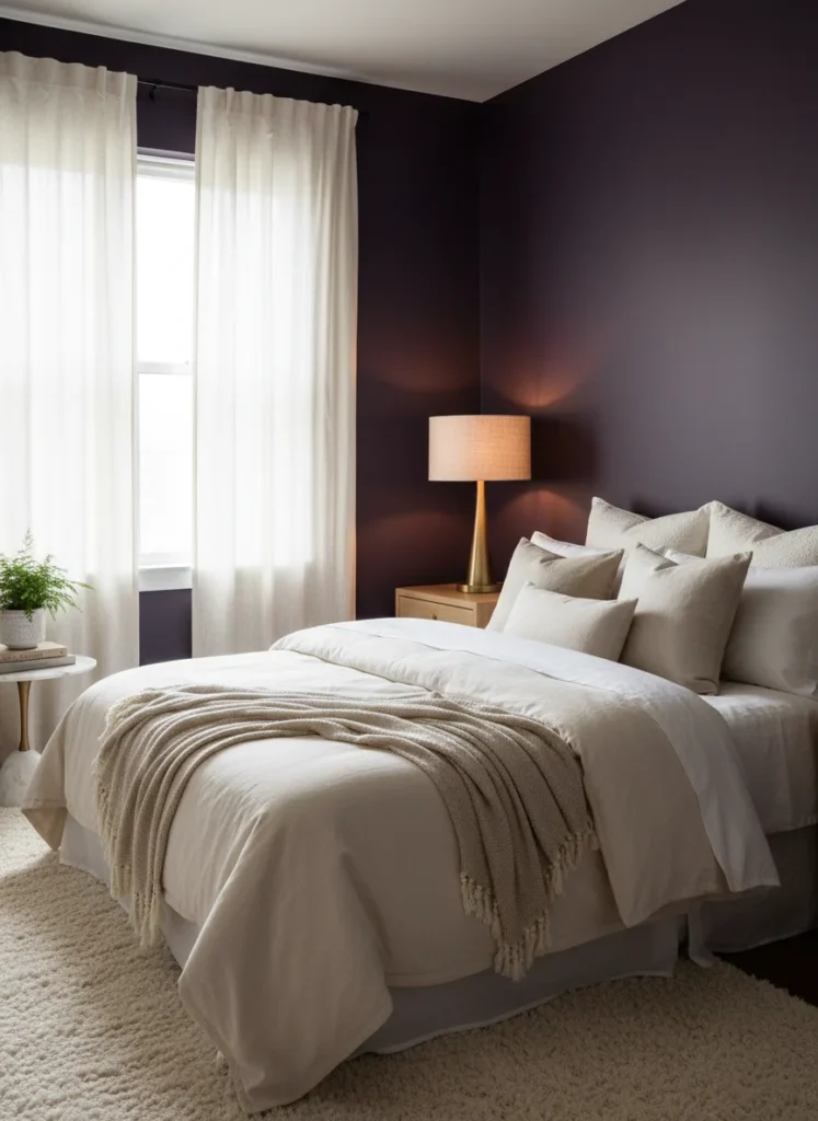 A small bedroom with plum noir deep purple accent wall, cozy aesthetic, layered cream bedding, warm lamp lighting, editorial home photography, no people, no text