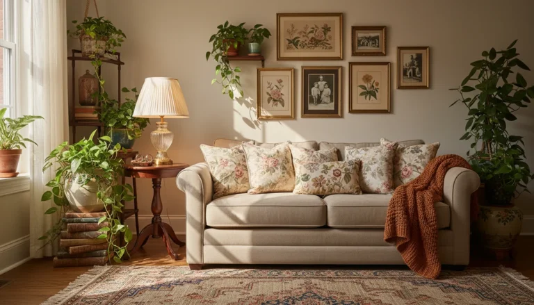A cozy small living room with grandma core aesthetic, vintage floral cushions, pleated lampshade, antique style side table, warm earthy tones, lush plants, cozy maximalist style, editorial home photography, wide landscape, no people, no text