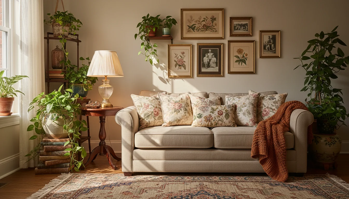 A cozy small living room with grandma core aesthetic, vintage floral cushions, pleated lampshade, antique style side table, warm earthy tones, lush plants, cozy maximalist style, editorial home photography, wide landscape, no people, no text