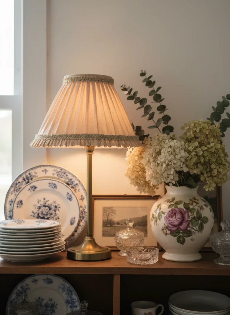 Close up of a grandma core styled shelf, vintage ceramic plates, pleated lampshade, floral vase, warm lighting, editorial photography, no people, no text
