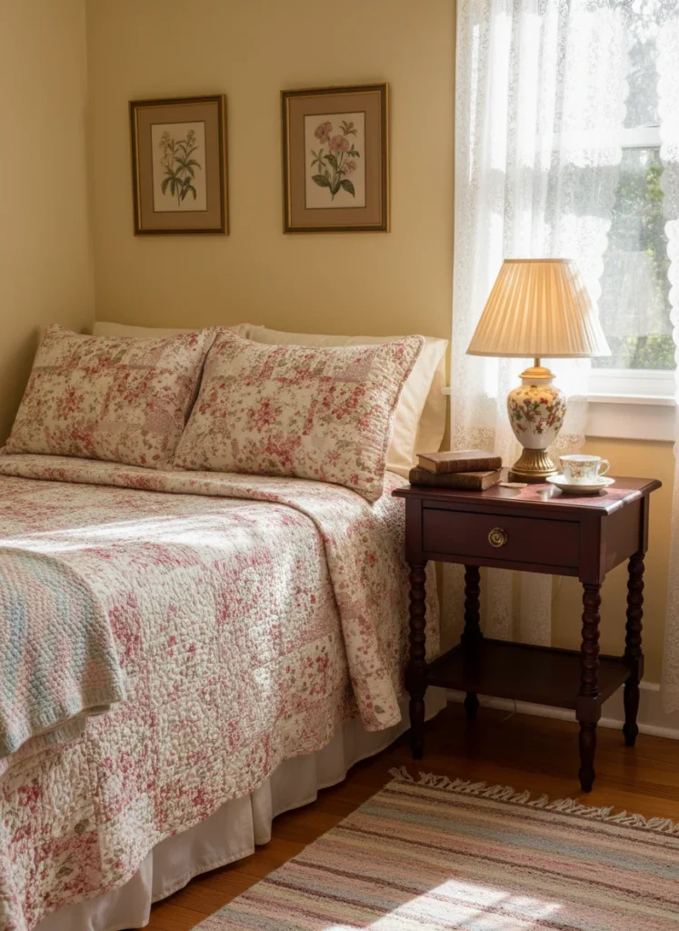  A small bedroom with grandma core aesthetic, floral bedding, vintage style nightstand, warm golden light, cozy and intentional, editorial photography, no people, no text