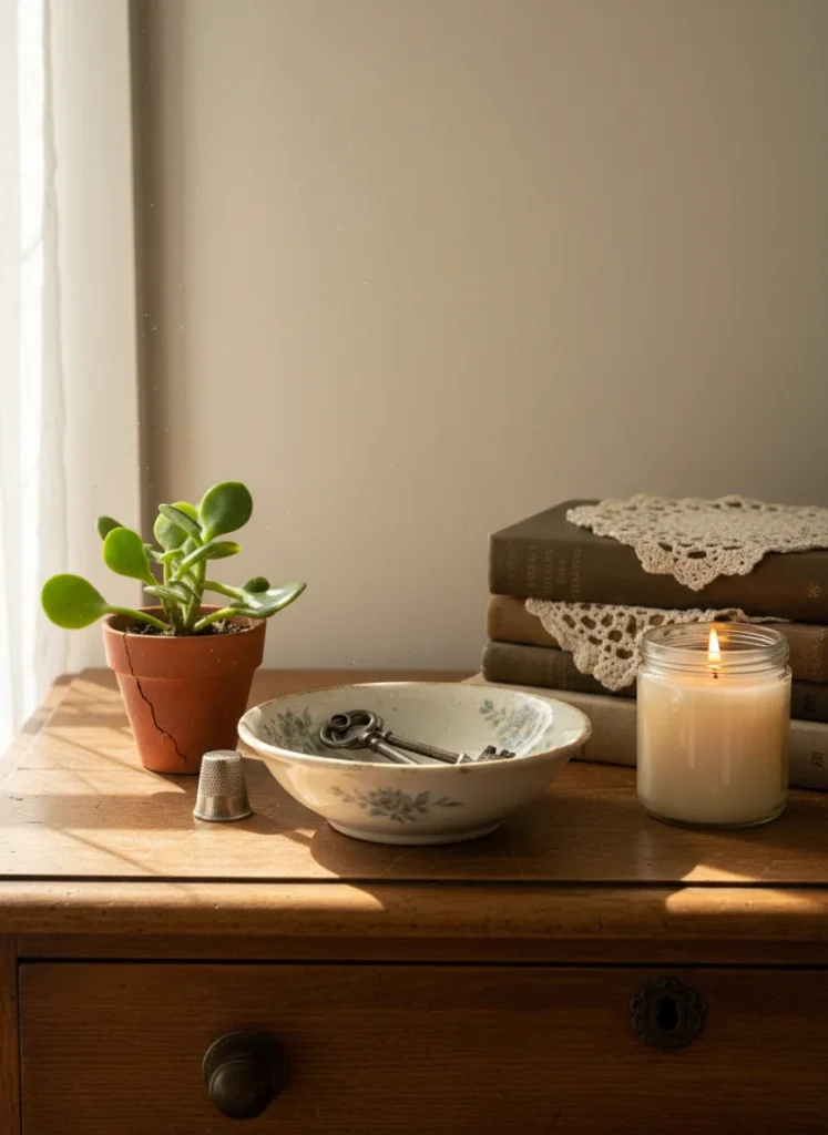 A thrifted vintage ceramic catchall bowl on a dresser with small plant and candle, grandma core aesthetic, warm lighting, no people, no text