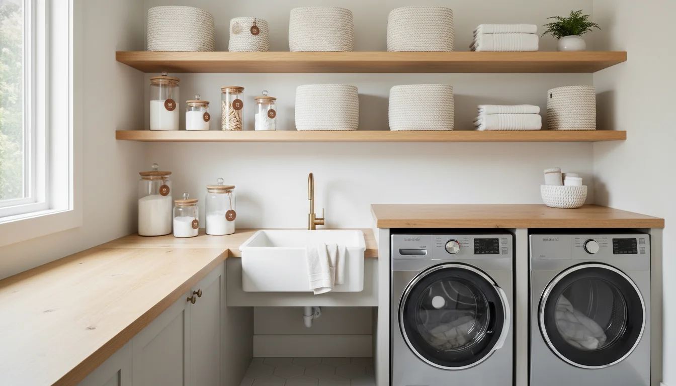 A small beautifully organized laundry room, aesthetic storage baskets, labeled glass jars, floating shelves, warm minimal style, clean and organized, editorial home photography, wide landscape, no people, no text