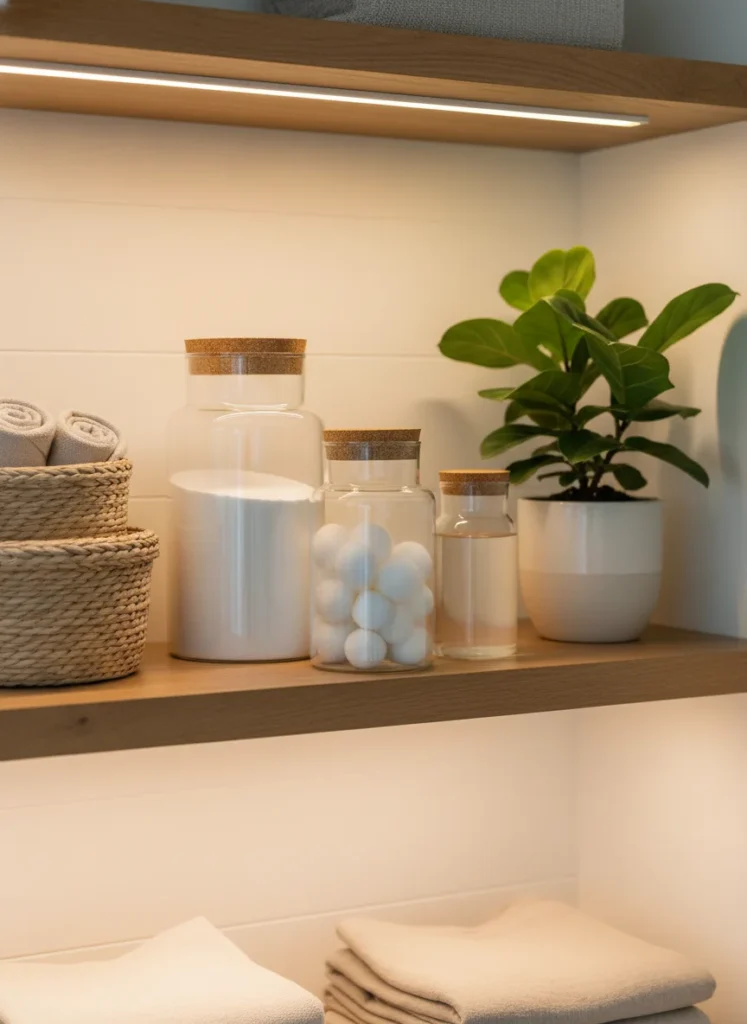 Close up of aesthetic laundry room shelves with glass jars for detergent, woven baskets, small plant, warm lighting, editorial photography, no people, no text