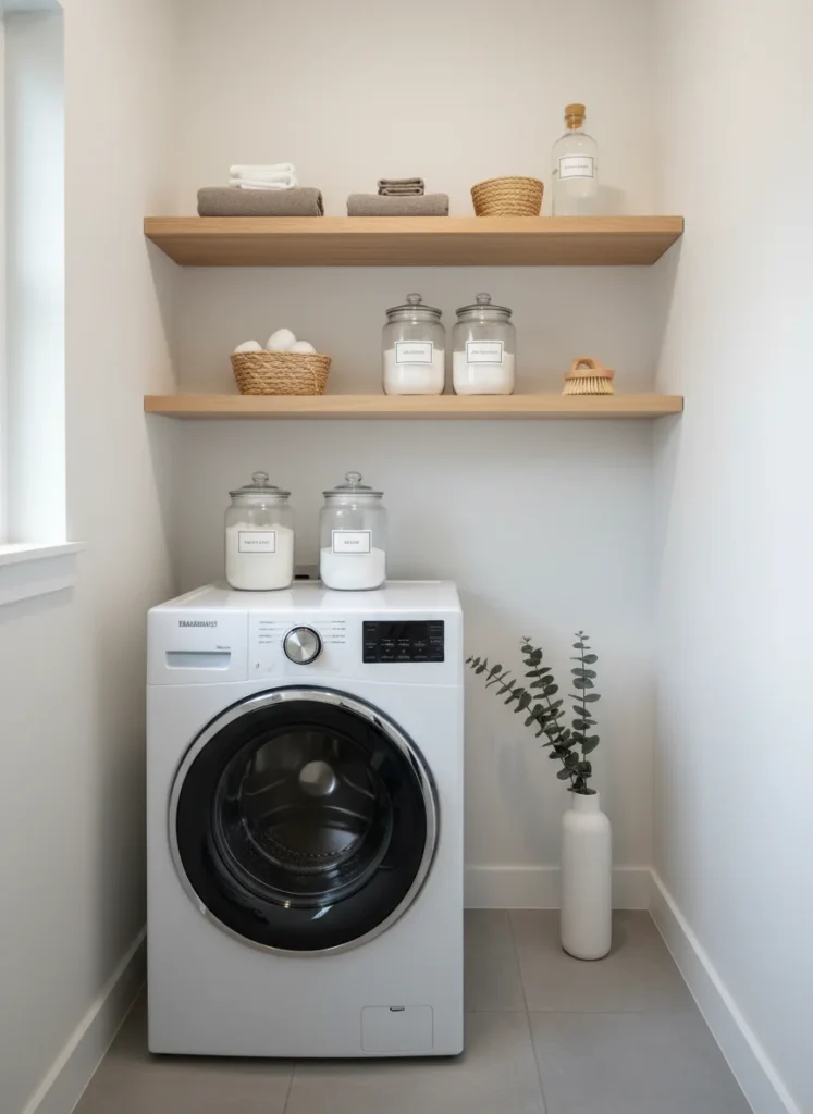 A small laundry closet with stackable washer dryer, floating shelves above, organized and minimal, editorial home photography, no people, no text