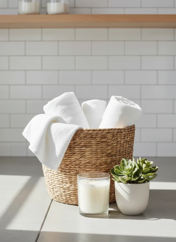 Laundry room styling detail, folded clean towels in woven basket, candle, small plant, warm aesthetic lighting, no people, no text