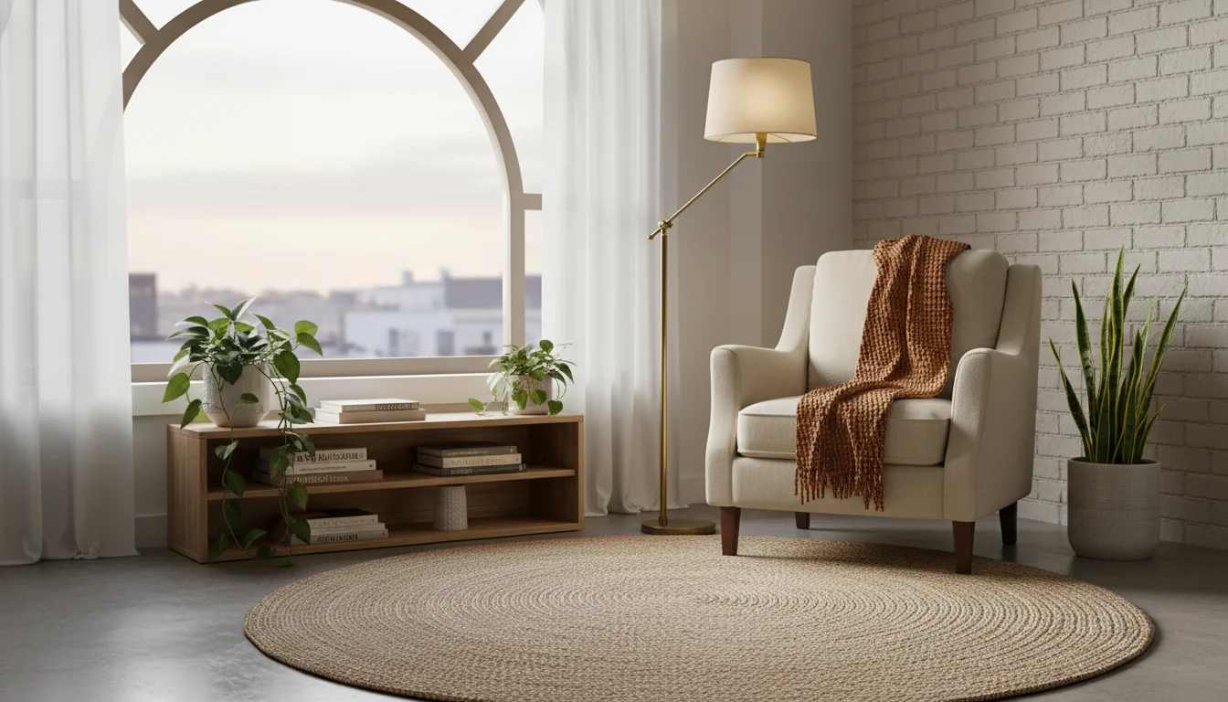 A cozy small reading nook in a corner of an apartment, comfortable chair, throw blanket, floor lamp, small bookshelf, plants, warm golden lighting, boho minimal aesthetic, editorial home photography, wide landscape, no people, no text