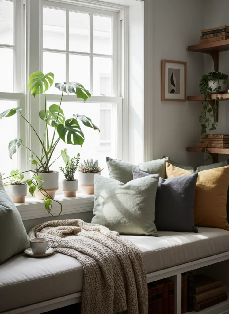 A small window seat reading nook with cushions and pillows, natural light, cozy aesthetic, plants on windowsill, editorial photography, no people, no text
