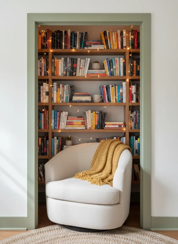A closet converted into a cozy reading nook, small chair, fairy lights, books on shelves, warm lighting, editorial home photography, no people, no text
