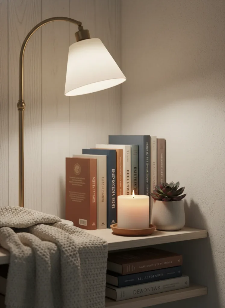 Close up of a small reading nook shelf with books, candle, small plant and warm lamp, cozy aesthetic, no people, no text