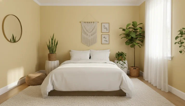 A small cozy bedroom with butter yellow painted walls, warm and bright aesthetic, minimal boho furniture, white bedding, plants, soft natural lighting, editorial home photography, wide landscape, no people, no text