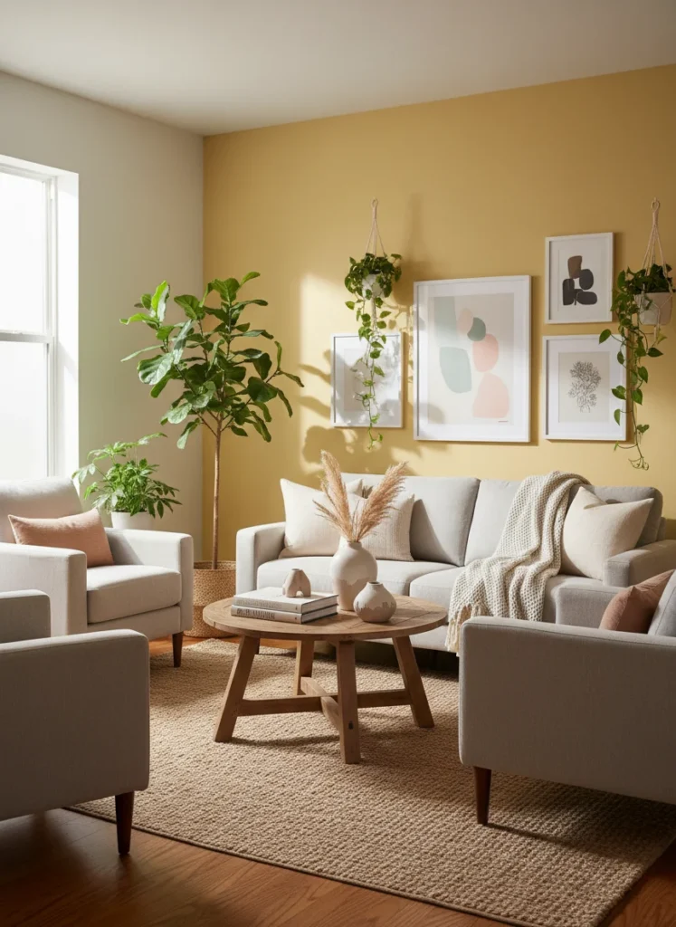A small cozy bedroom with butter yellow painted walls, warm and bright aesthetic, minimal boho furniture, white bedding, plants, soft natural lighting, editorial home photography, wide landscape, no people, no text