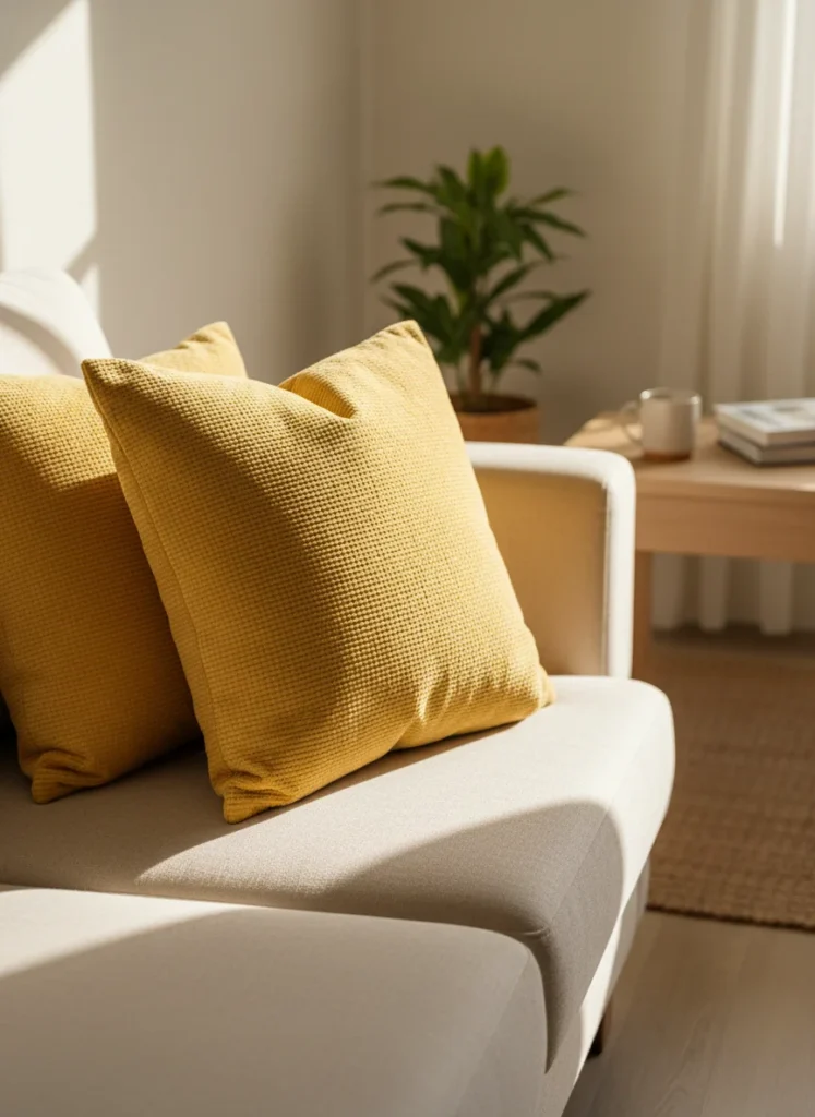 Close up of butter yellow throw pillows on a neutral sofa in a small apartment, warm aesthetic, soft lighting, no people, no text
